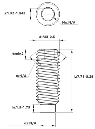 Bản vẽ kỹ thuật Vít Trí Đuôi Trụ Thép Đen 10.9 DIN915 M3x8