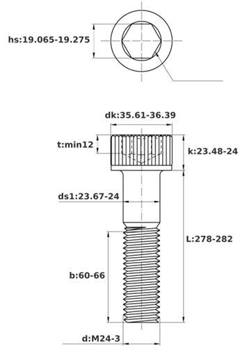 Bản vẽ kỹ thuật Lục Giác Chìm Đầu Trụ Thép Đen 12.9 DIN912 M24x280 Ren Lửng
