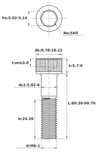 Bản vẽ kỹ thuật Lục Giác Chìm Đầu Trụ Thép Đen 12.9 DIN912 M6x90 Ren Lửng (25Cái/Bịch)