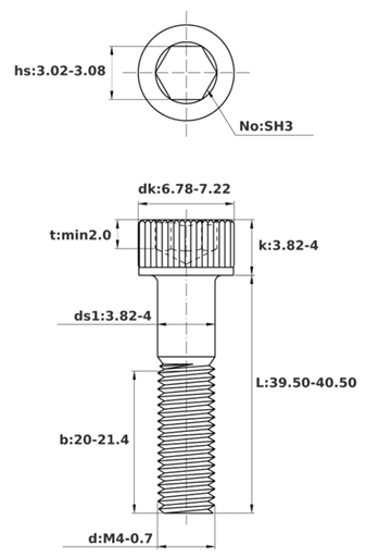 Bản vẽ kỹ thuật Lục Giác Chìm Đầu Trụ Thép Đen 12.9 DIN912 M4x40 Ren Lửng (50Cái/Bịch)