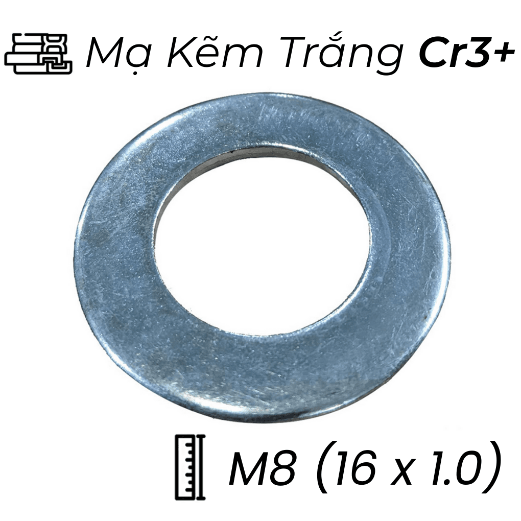 Lông Đền Phẳng Thép Mạ Kẽm Trắng Cr3+ M8 (16x1.0)