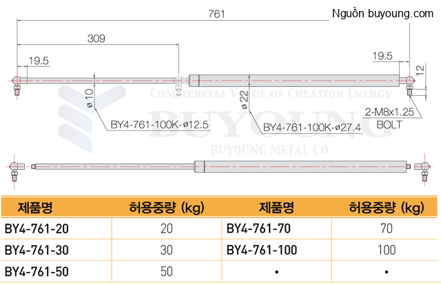 Bản vẽ kỹ thuật Ty hơi thép Buyoung 761-100KG BY4-761-100