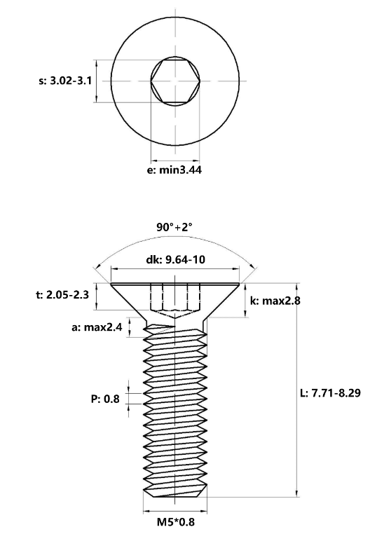 Bản vẽ kỹ thuật Lục Giác Chìm Col Thép Đen 10.9 DIN7991 M5x8 (50Cái/Bịch)