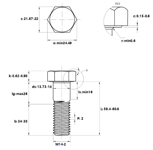 Bản vẽ kỹ thuật Bulong Mạ Kẽm Trắng Cr3+ 8.8 DIN931 M14x60 Ren Lửng