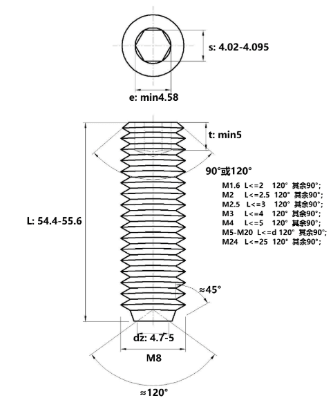 Bản vẽ kỹ thuật Vít Trí Đuôi Lõm Thép Đen 10.9 DIN916 M8x55