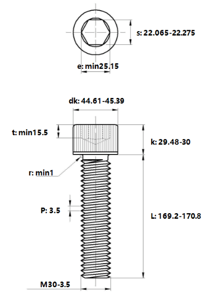 Bản vẽ kỹ thuật Lục Giác Chìm Đầu Trụ Thép Đen 12.9 DIN912 M30x170
