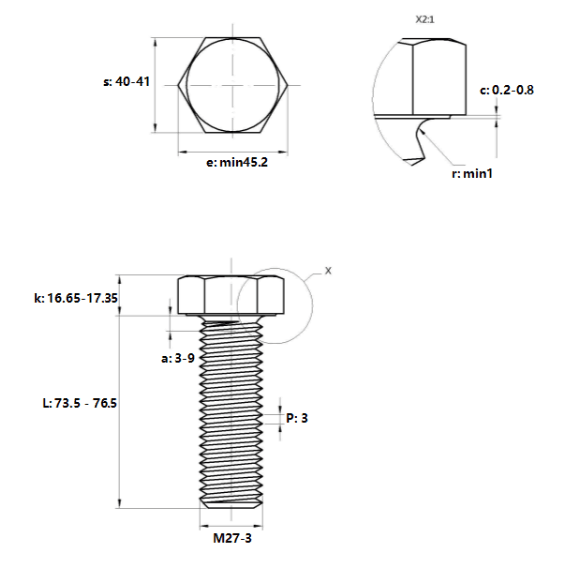 Bản vẽ kỹ thuật Bulong Thép Đen 8.8 DIN933 M27x75