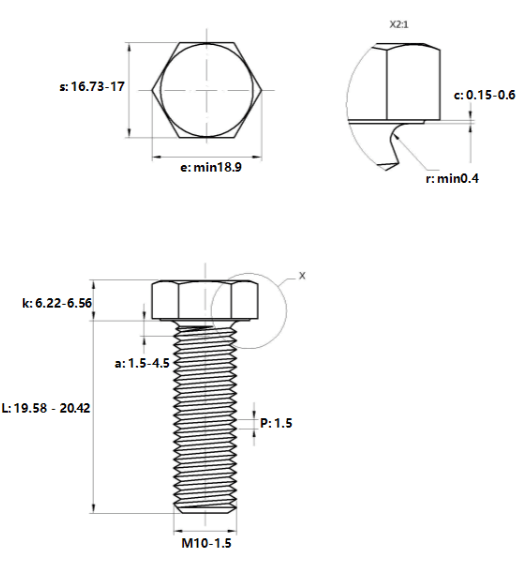 Bản vẽ kỹ thuật Bulong Thép Đen 8.8 DIN933 M10x20