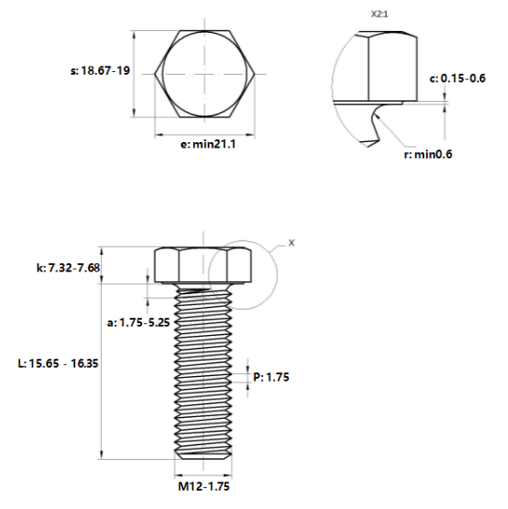Bản vẽ kỹ thuật Bulong Mạ Kẽm 8.8 DIN933 M12x16