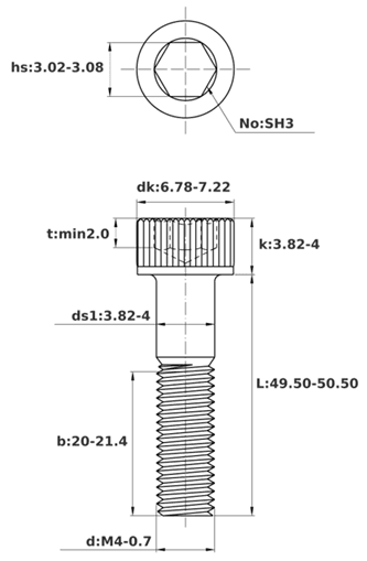 Bản vẽ kỹ thuật Lục Giác Chìm Đầu Trụ Thép Đen 12.9 DIN912 M4x50 Ren Lửng