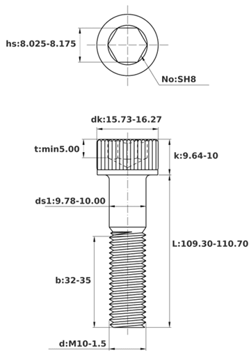 Bản vẽ kỹ thuật Lục Giác Chìm Đầu Trụ Thép Đen 12.9 DIN912 M10x110 Ren Lửng