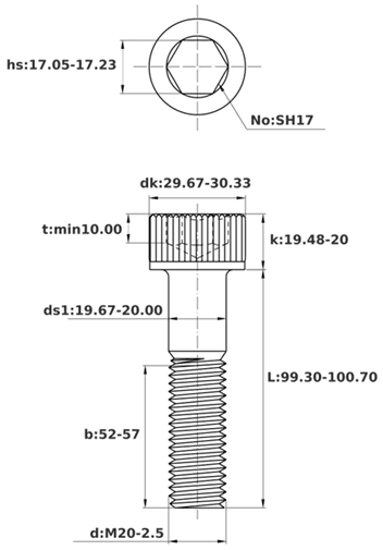 Bản vẽ kỹ thuật Lục Giác Chìm Đầu Trụ Thép Đen 12.9 DIN912 M20x100 Ren Lửng