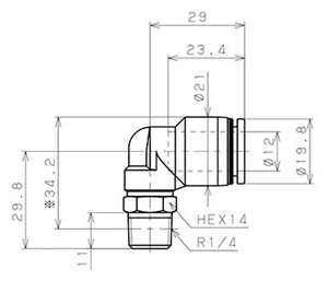 Bản vẽ kỹ thuật Đầu Nối Nhanh Khí Nén Cong 90° Phi 12mm Ren Ngoài R1/4 Pisco PL12-02