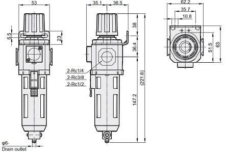 Bản vẽ kỹ thuật Bộ Lọc Khí - Chỉnh Áp Xả Tự Động Parker Size 1/4 PFR302-02-D