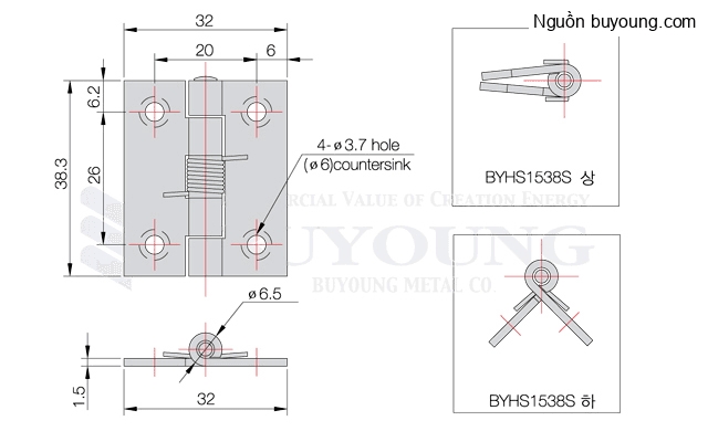 Bản vẽ kỹ thuật Bản lề lò xo 180° inox 304 Buyoung 32x38.3 BYHS1538S-B