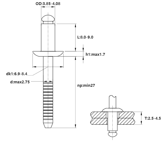 Bản vẽ kỹ thuật Rivet Inox 304 OD4.0x8mm (1000 Cái)