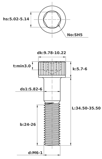 Bản vẽ kỹ thuật Lục Giác Chìm Đầu Trụ Thép Đen 12.9 DIN912 M6x35 Ren Lửng