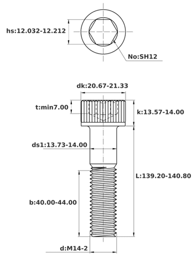 Bản vẽ kỹ thuật Lục Giác Chìm Đầu Trụ Thép Đen 12.9 DIN912 M14x140 Ren Lửng