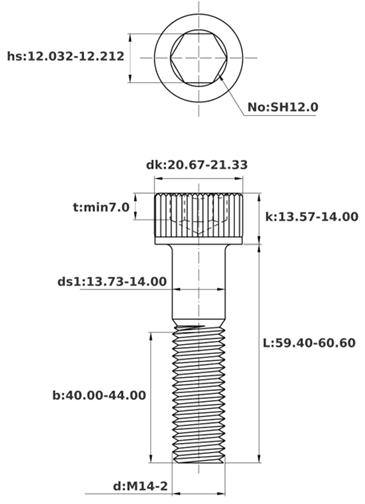 Bản vẽ kỹ thuật Lục Giác Chìm Đầu Trụ Thép Đen 12.9 DIN912 M14x60 Ren Lửng