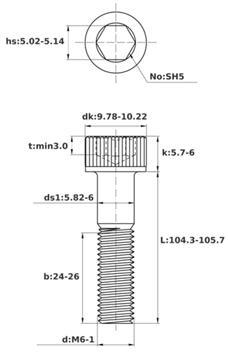 Bản vẽ kỹ thuật Lục Giác Chìm Đầu Trụ Thép Đen 12.9 DIN912 M6x105 Ren Lửng