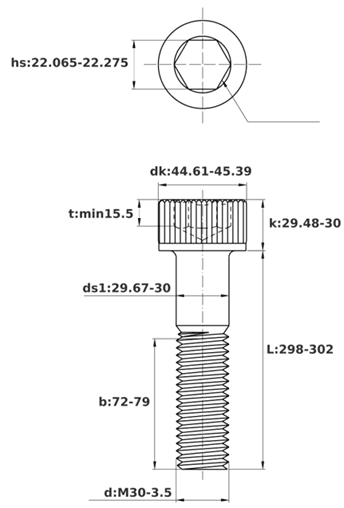Bản vẽ kỹ thuật Lục Giác Chìm Đầu Trụ Thép Đen 12.9 DIN912 M30x300 Ren Lửng
