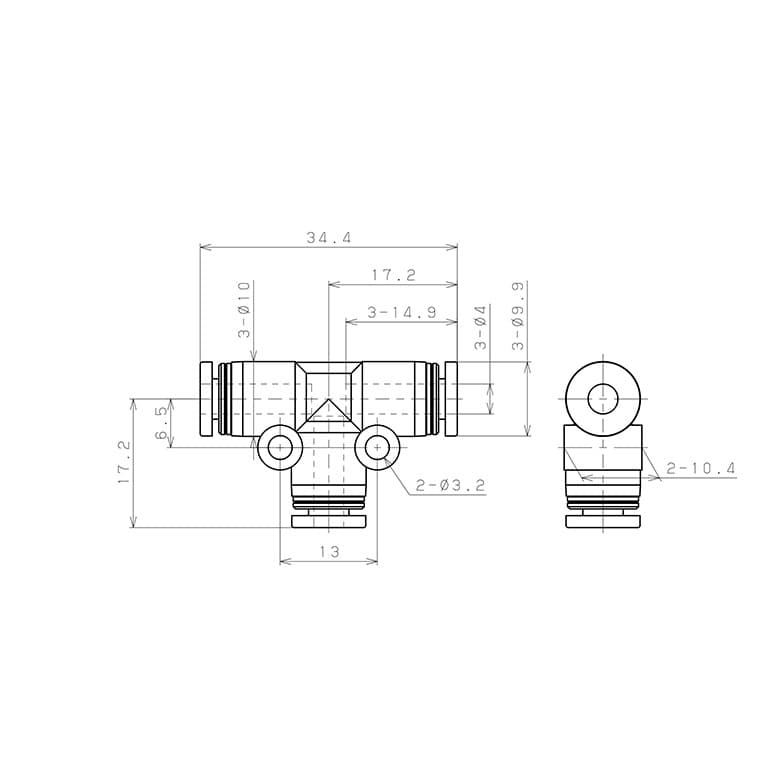Bản vẽ kỹ thuật Đầu Nối Nhanh Khí Nén Chữ T Pisco PE4W
