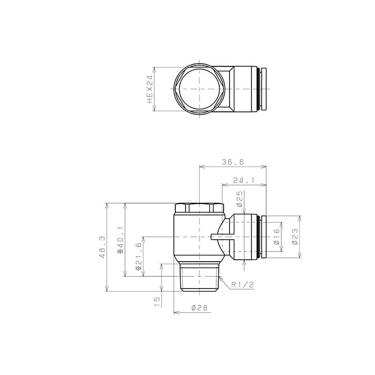 Bản vẽ kỹ thuật Đầu Nối Nhanh Khí Nén Cong 90° Đầu Lục Giác Trụ Ren Ngoài Pisco PH16-04