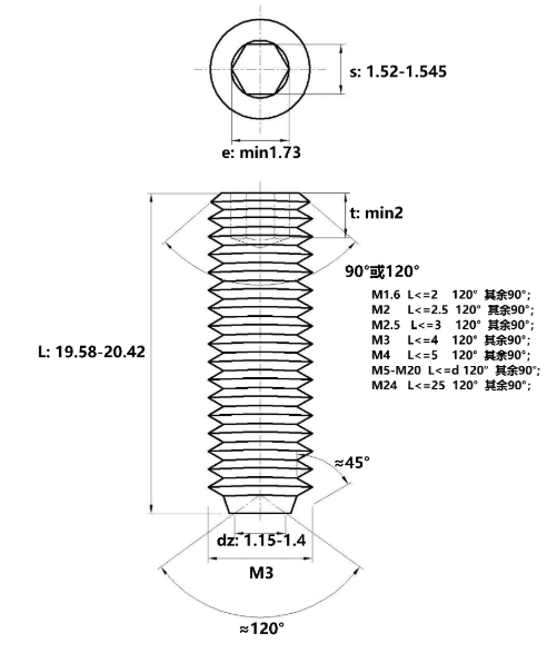 Bản vẽ kỹ thuật Vít Trí Đuôi Lõm Thép Đen 10.9 DIN916 M3x20