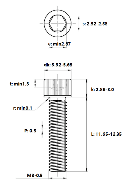 Bản vẽ kỹ thuật Lục Giác Chìm Đầu Trụ Thép Mạ Kẽm Trắng Cr3+ 12.9 DIN912 M3x12