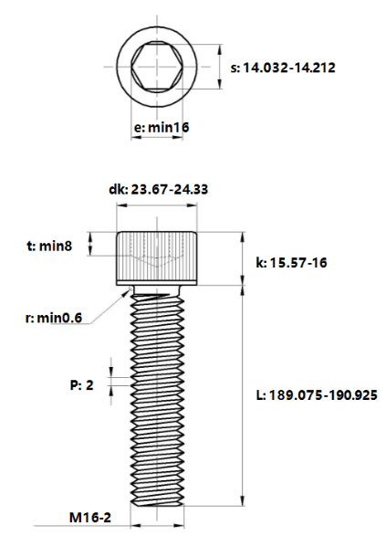 Bản vẽ kỹ thuật Lục Giác Chìm Đầu Trụ Thép Đen 12.9 DIN912 M16x190