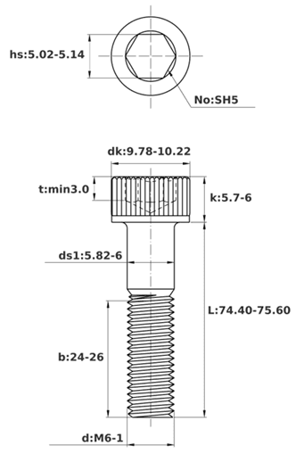 Bản vẽ kỹ thuật Lục Giác Chìm Đầu Trụ Thép Đen 12.9 DIN912 M6x75 Ren Lửng