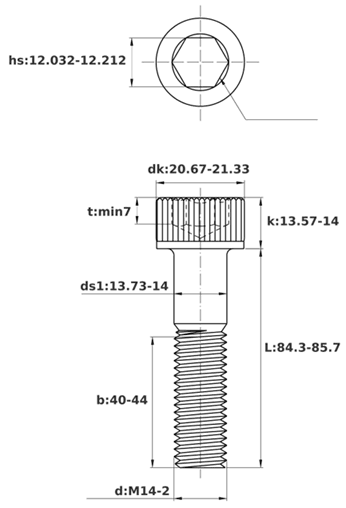 Bản vẽ kỹ thuật Lục Giác Chìm Đầu Trụ Thép Đen 12.9 DIN912 M14x85 Ren Lửng