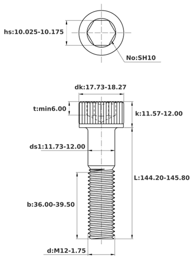 Bản vẽ kỹ thuật Lục Giác Chìm Đầu Trụ Thép Đen 12.9 DIN912 M12x145 Ren Lửng