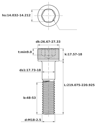 Bản vẽ kỹ thuật Lục Giác Chìm Đầu Trụ Thép Đen 12.9 DIN912 M18x220 Ren Lửng