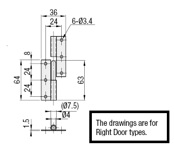 Bản vẽ kỹ thuật Bản Lề Tháo Rời Phải Inox 304 (HNS3R) L 64 mm