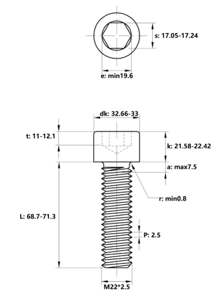 Bản vẽ kỹ thuật Lục Giác Chìm Đầu Trụ Thép Đen 12.9 DIN912 M22x70
