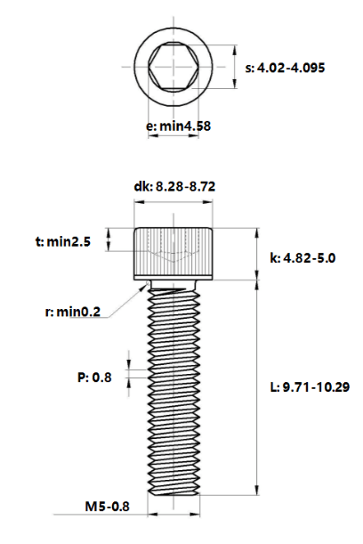 Bản vẽ kỹ thuật Lục Giác Chìm Đầu Trụ Thép Đen 12.9 DIN912 M5x10 (50Cái/Bịch)