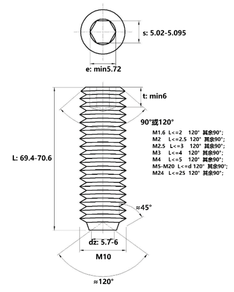 Bản vẽ kỹ thuật Vít Trí Đuôi Lõm Thép Đen 10.9 DIN916 M10x70