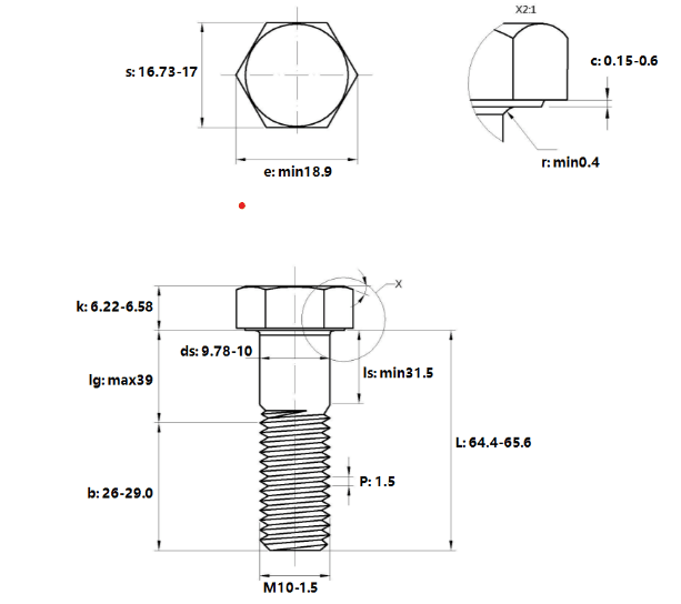 Bản vẽ kỹ thuật Bulong Mạ Kẽm Trắng Cr3+ 10.9 DIN931 M10x65 Ren Lửng