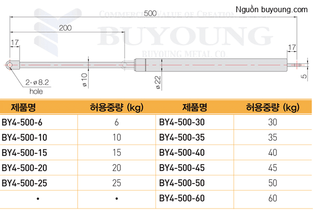 Bản vẽ kỹ thuật Ty hơi thép Buyoung 500-50KG BY4-500-50KG