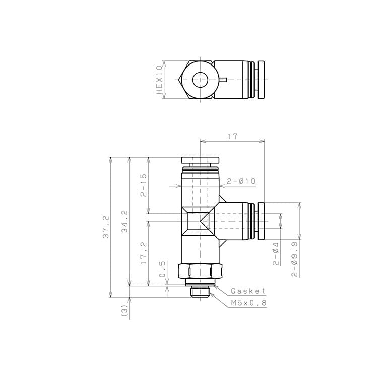 Bản vẽ kỹ thuật Đầu Nối Nhanh Khí Nén Dạng Chữ T Ren Ngoài Pisco PPD4-M5SUS-F