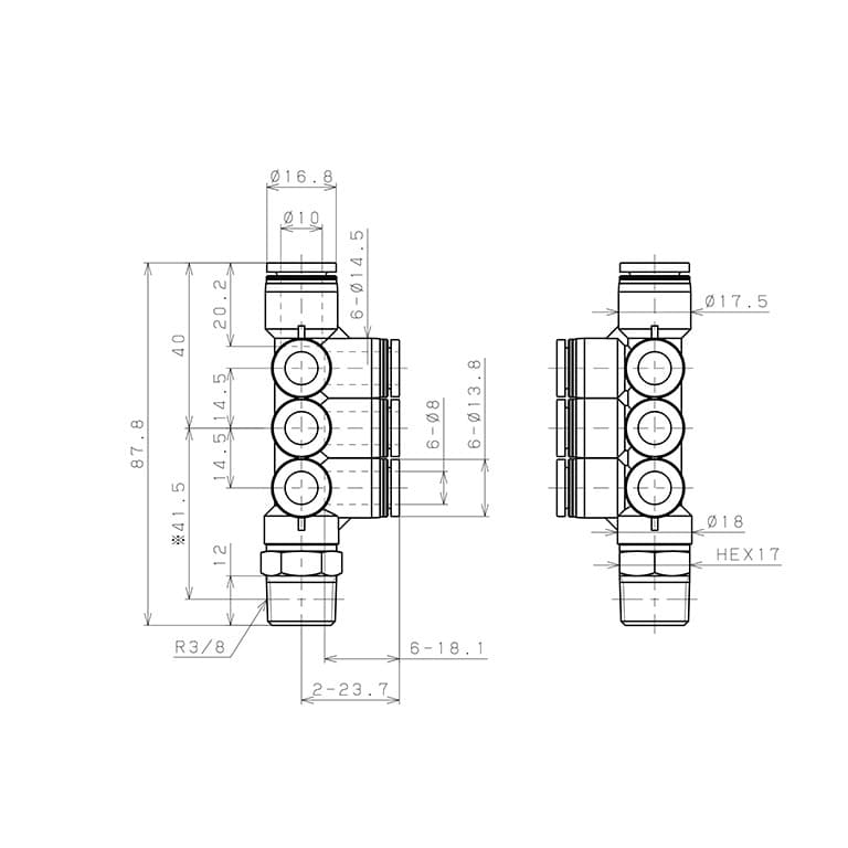 Bản vẽ kỹ thuật Đầu Nối Nhanh Khí Nén Dạng Chữ T Sáu Nhánh Ren Ngoài Pisco PKVD10-8-03
