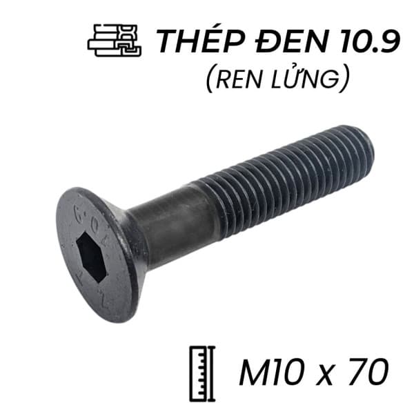 Lục Giác Chìm Col Thép Đen 10.9 DIN7991 M10x70 Ren Lửng
