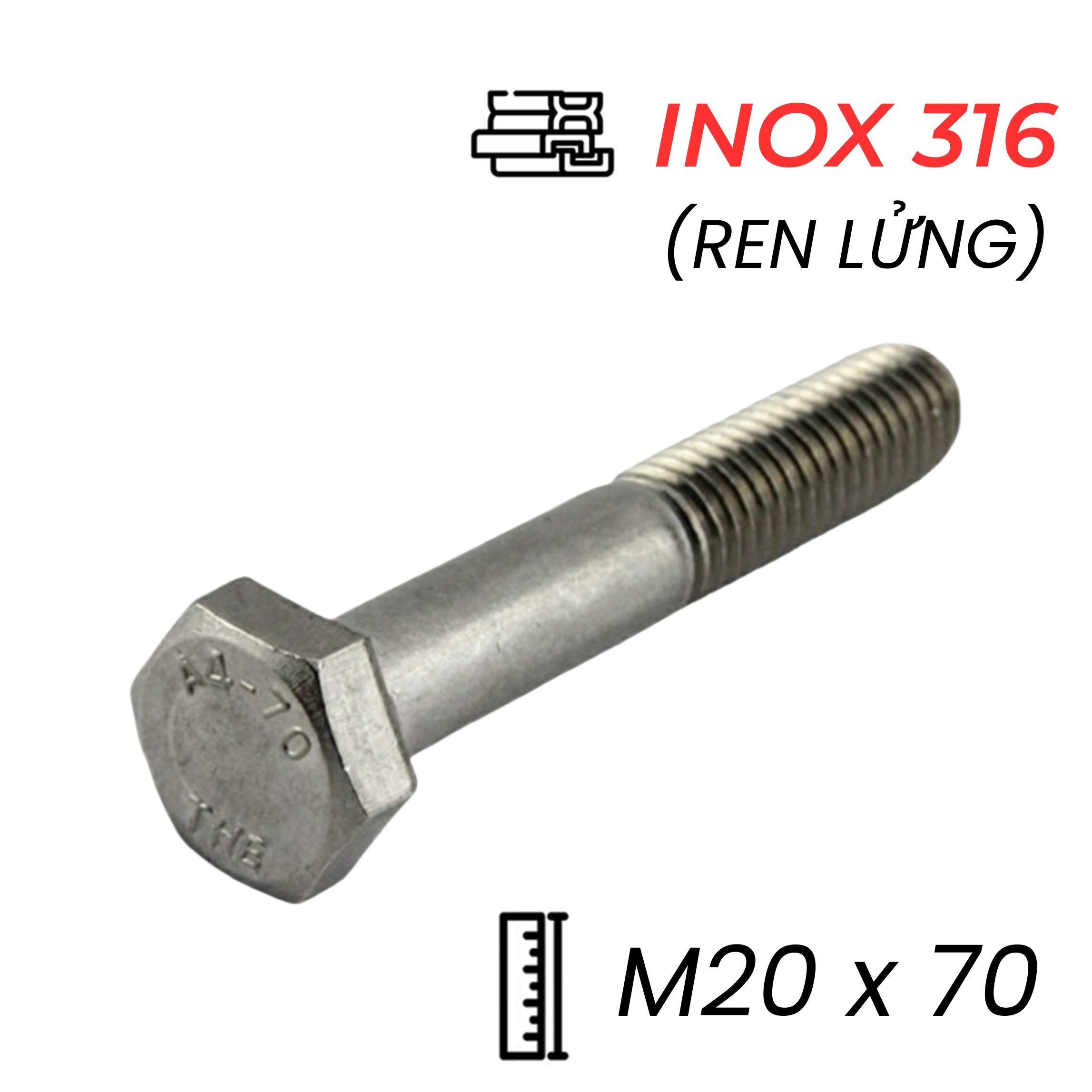 Bulong Inox 316 DIN931 M20x70 Ren Lửng | Mecsu.vn