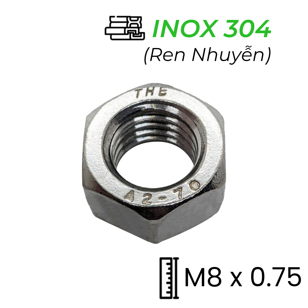 Tán Inox 304 DIN934 M8x0.75 Ren Nhuyễn | Mecsu.vn