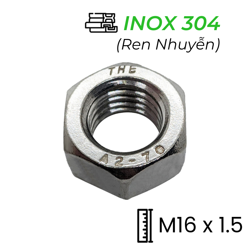 Tán Inox 304 DIN934 M16x1.5 Ren Nhuyễn | Mecsu.vn