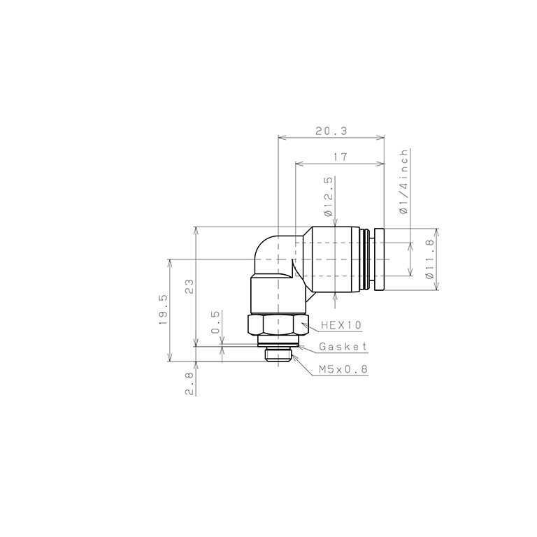 Đầu Nối Nhanh Khí Nén Dạng Cong 90° Ren Ngoài Pisco PL1/4-M5_drawing