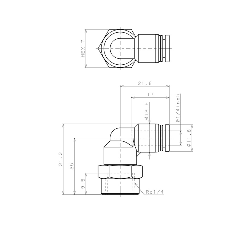 Đầu Nối Nhanh Khí Nén Dạng Cong 90° Ren Trong Pisco PLF1/4-02-C_drawing