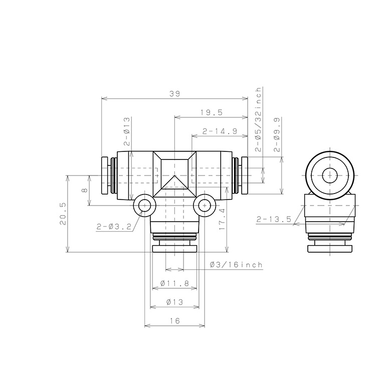 Đầu Nối Nhanh Khí Nén Chữ T Dạng Nối Giảm Pisco PEG5/32-3/16_drawing