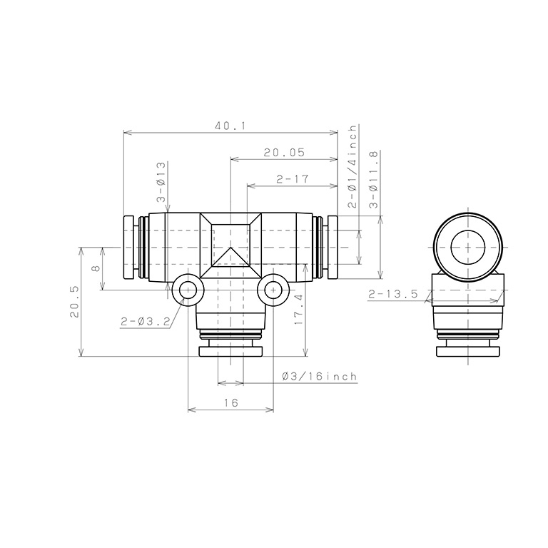 Đầu Nối Nhanh Khí Nén Chữ T Dạng Nối Giảm Pisco PEG1/4-3/16-C_drawing